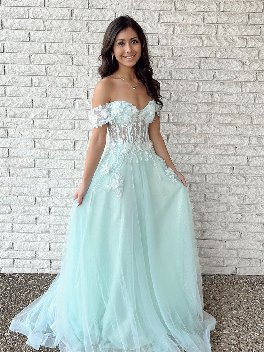 Long A-line Off the Shoulder Lace Tulle Formal Prom Dress Mint Green