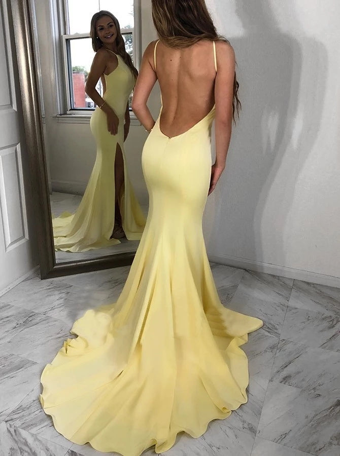 Yellow Mermaid Open Back Satin Prom Dress with Split