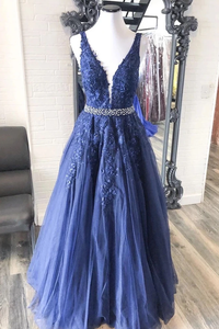 Navy Blue Tulle Appliques Sexy V-neck A-Line Long Prom Dress LBQ2334