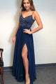 A Line Spaghetti Straps Sleeveless Beaded Long Prom Dress with Split ZXS1033