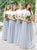 Two Piece Round Neck Grey Tulle Floor Length Bridesmaid Dresses with Lace