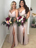 Sheath Spaghetti Straps Blush Bridesmaid Dress with Split LBQB0021