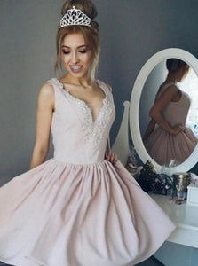 A Line V Neck Beading Pink Short Prom Dresses With Pleats