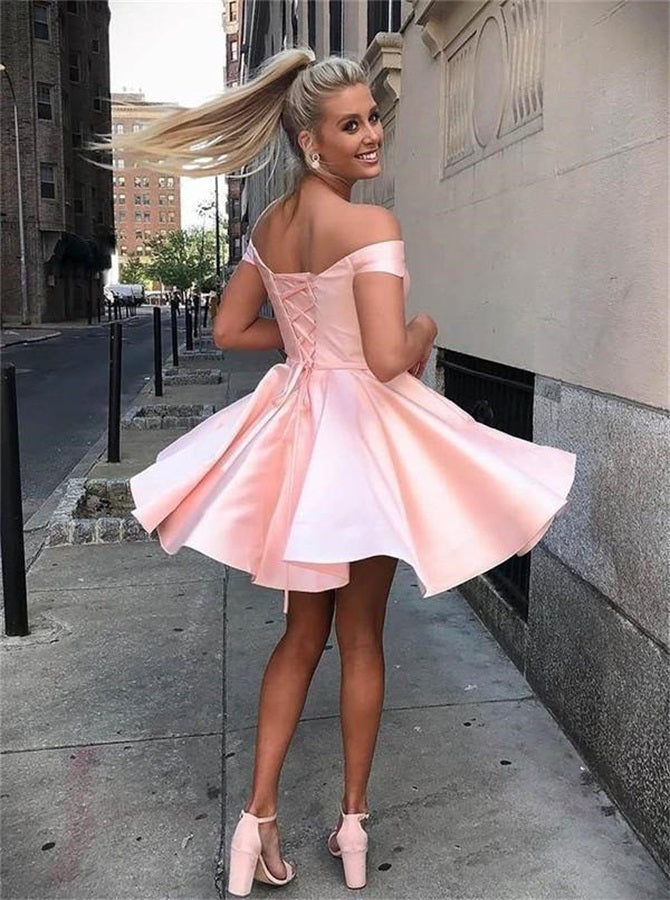 baby pink homecoming dresses A Line Satin Off the Shoulder Short Color:Big Square EN9 Fitted Length Evening Dresses Women Long