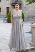 Light Gray Long V-neck Floor Length  Dresses With Appliques Prom Gowns  ZXS305