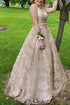 Gorgeous A-line V-neck Long Lace Princess Dress Gold Prom Dresses GJS288