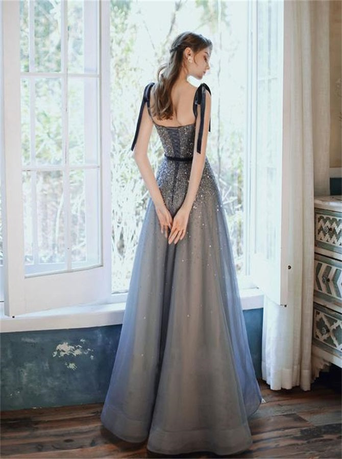 A-line Square Floor length Tulle Prom Dresses Chocolate