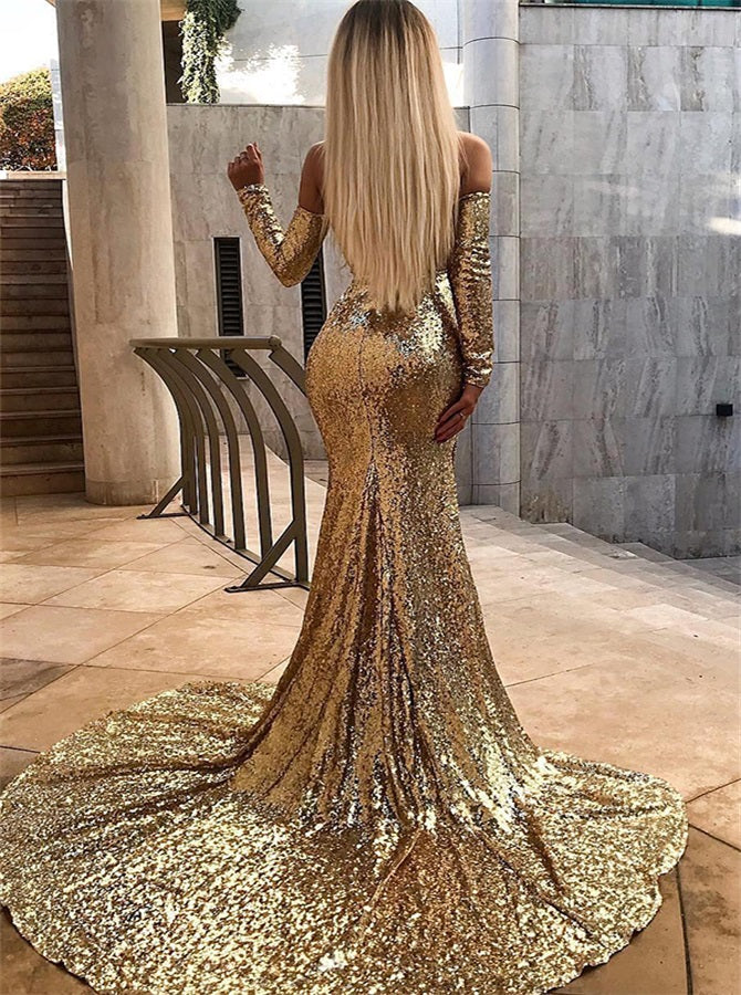 gold sequin long sleeve backless dress Sleeves Sequins Mermaid Prom Dresses Cocktail dress