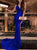 Royal Blue V Neck Sleeveless Backless Sweep Train Prom Dresses with Slit
