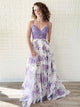 A Line Lavender Lace Floral Chiffon Spaghetti Prom Dresses 