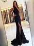 Mermaid Jewel Sleeveless Split Front Black Satin Prom Dress LBQ1588