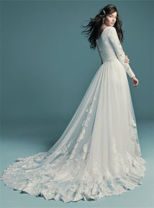 A Line Scoop Satin White Wedding Dresses with Sweep Train