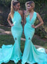 Mermaid Deep V Neck Sweep Train Mint Satin Pleats Bridesmaid Dress LBQB0058