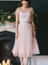 A Line Two Piece Tea Length Pink Tulle Bridesmaid Dress with Pearls LBQB0065