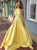 A Line Halter Yellow Satin Prom Dresses with Pearls