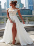 Off the Shoulder A Line Satin Wedding Dress with Lace LBQW0063