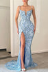 Vintage Long Sequins Spaghetti Straps Mermaid Prom Dress with Split