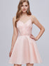 Pink V Neck Spaghetti Strap A Line Lace Up Short Homecoming Dresses