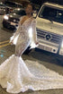 Long Sleeves Sexy Sequins V-Neck Mermaid Prom Dress with Applique