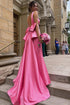 Esther | Cute Mermaid V Neck Pink Satin Long Prom Dresses with Big Bow