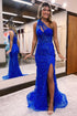One Shoulder Split Front Mermaid Tulle Prom Dress with Applique Beadings
