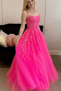 Hot Pink Tulle Lace A Line Long Prom Dresses, Appliques Evening Dresses With Lace Up GJS748