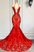 Halter Deep V Neck Open Back Sexy Lace Mermaid Prom Gown