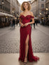 Red Off-the-Shoulder Beaded Tulle Prom Dress with Swirling Sequins