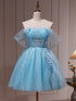 Blue Off The Shoulder Beading Appliques Tulle Short Homecoming Dresses