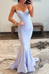 Light Lilac Halter Satin Mermaid Long Prom Dresses with Beading