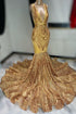 Off The Shoulder Sleeveless Dark Gold Sequins Prom Dress with Appliques V Neck
