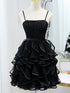 Black Sequins Spaghetti Straps Tulle Short Homecoming Dresses