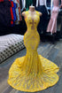Yellow Long V-neck Sleeveless Sequins Lace Mermaid Prom Dress
