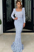 Sequin Light Blue Long Sleeves Square Neckline Mermaid Prom Dress