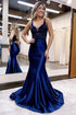 Leila |Mermaid Deep V Neck Satin Long Prom Dress with Appliques