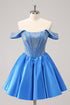 Cute Blue A Line Off The Shoulder Corset Homecoming Dress with Beading