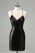 Black Bodycon Spaghetti Straps Sequins Short Homecoming Dress with Lace-up Back