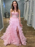 Pink Strapless Tiered Ruffles Lace Appliqués Corset Prom Dress with Slit