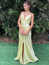Yellow Mermaid Twist Front Spaghetti Straps Satin Long Prom Maxi Dress
