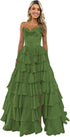 Strapless Corset Prom Dresses for Women 2025 Long Tiered Ruffle Chiffon Formal Evening Gown with Slit
