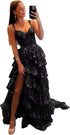 Sparkly Tiered Lace Tulle Prom Dresses Long 2025 Spaghetti Straps Formal Corset Evening Gown with Slit