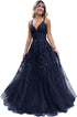 Floral Lace Glitter Tulle Prom Dress Long Ball Gown V Neck Formal Evening Dress Maxi Party Gown