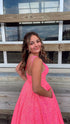 Women's Asymmetric Straps Sequins Long Prom Dress With Pockets Generous Evening Gown Y312