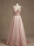 Pink A-line V-Neck Floor-Length Satin Lace Prom Dress With Sequins