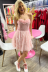 Sweetheart Pink Grid Short Homecoming Dress with Feathers Y2508