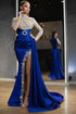 Long Sleeve Royal Blue Elegance Prom Dress with Beaded Details and Ruffled Split