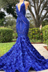 Royal Blue V-Neck Mermaid Prom Dress with Halter Neckline and Open Back