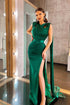 Ruffle-Trimmed Split Satin Long Mermaid Prom Dress in Dark Green