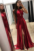 Red Wine Halter Neck Mermaid Prom Dress with Slit and Ruffles