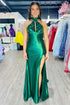 Mermaid Halter Dark Green Satin Long Prom Dresses with Beads